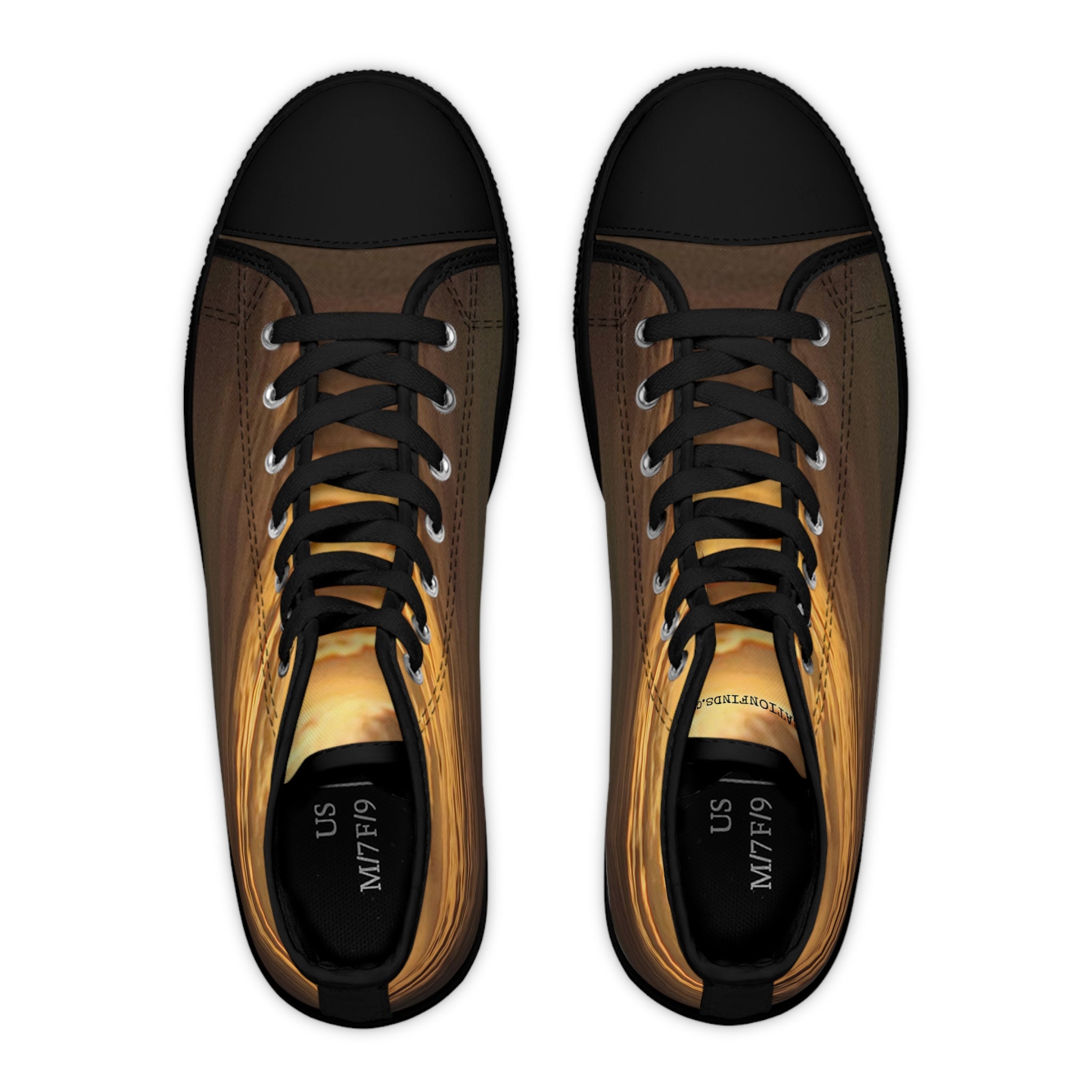 High-top sneakers with a sunset gradient design and size markings.