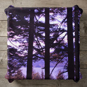 Pine trees at dusk overlook a calm lake.