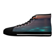 High-top sneakers with a glowing ocean sunset graphic.
