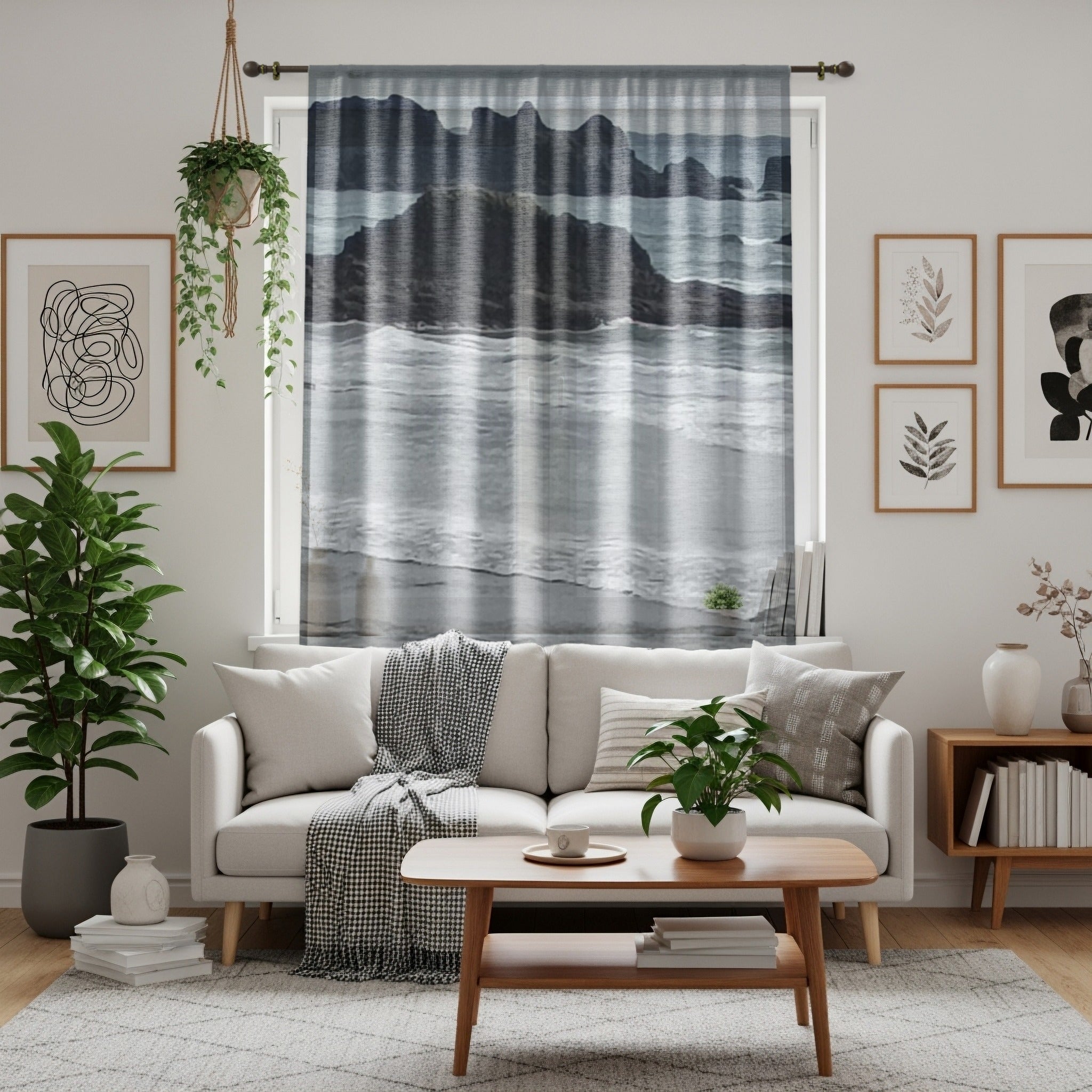 Coastal Rock Formations Window Curtain, Beach View Drapes, Ocean Waves Home Decor, Serene Seascape Curtains, Nature Photography