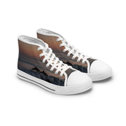 High-top canvas shoes with a sunset dolphin wave print.