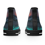 Black high-top sneakers with a seascape print on a white background.