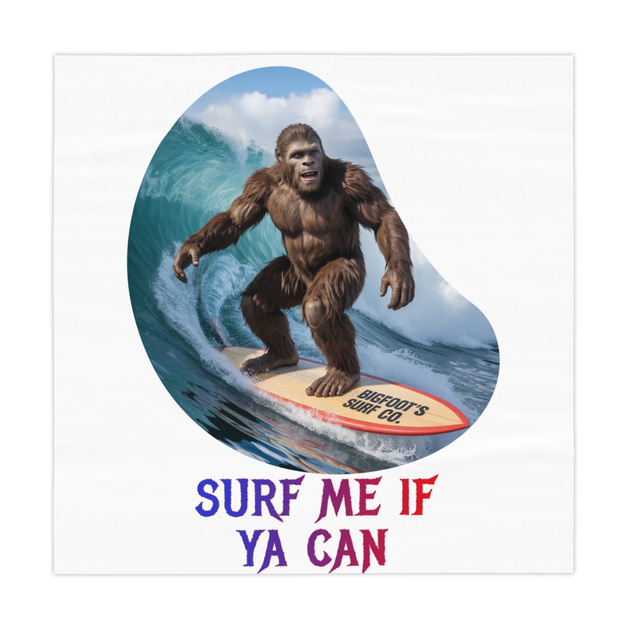 Bigfoot surfing a wave on a board with "BIGFOOT'S SURF CO."