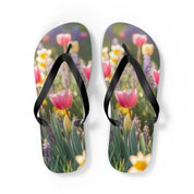 Flip-flops featuring pink tulips and yellow flowers in a garden.