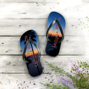 Laguna Beach flip-flops with sunset and palm trees.