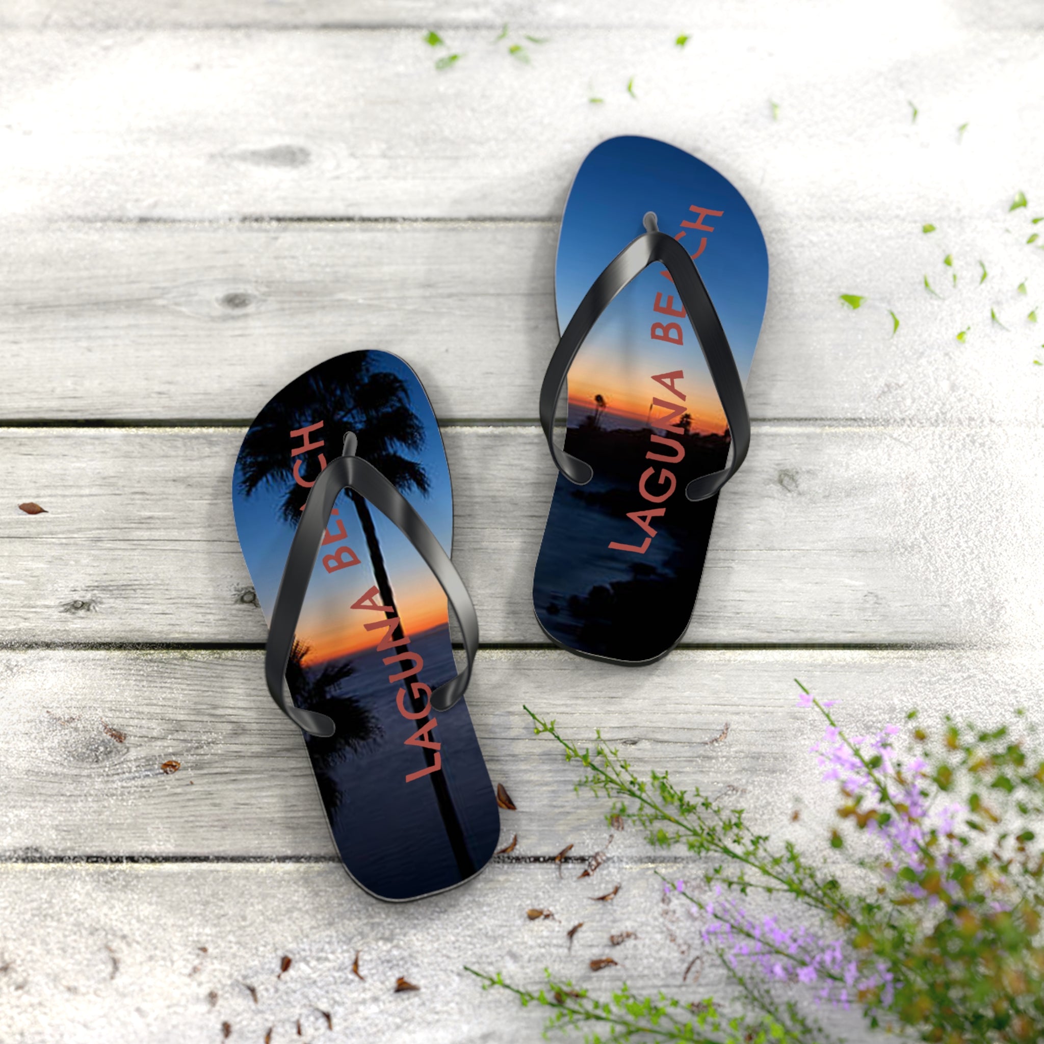Laguna Beach flip-flops with sunset and palm trees.