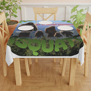 Tablecloth with "SQUATCH" text and Mount St. Helens graphic.