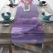 Purple abstract landscape scene with pink flowers and a winery on a table runner.