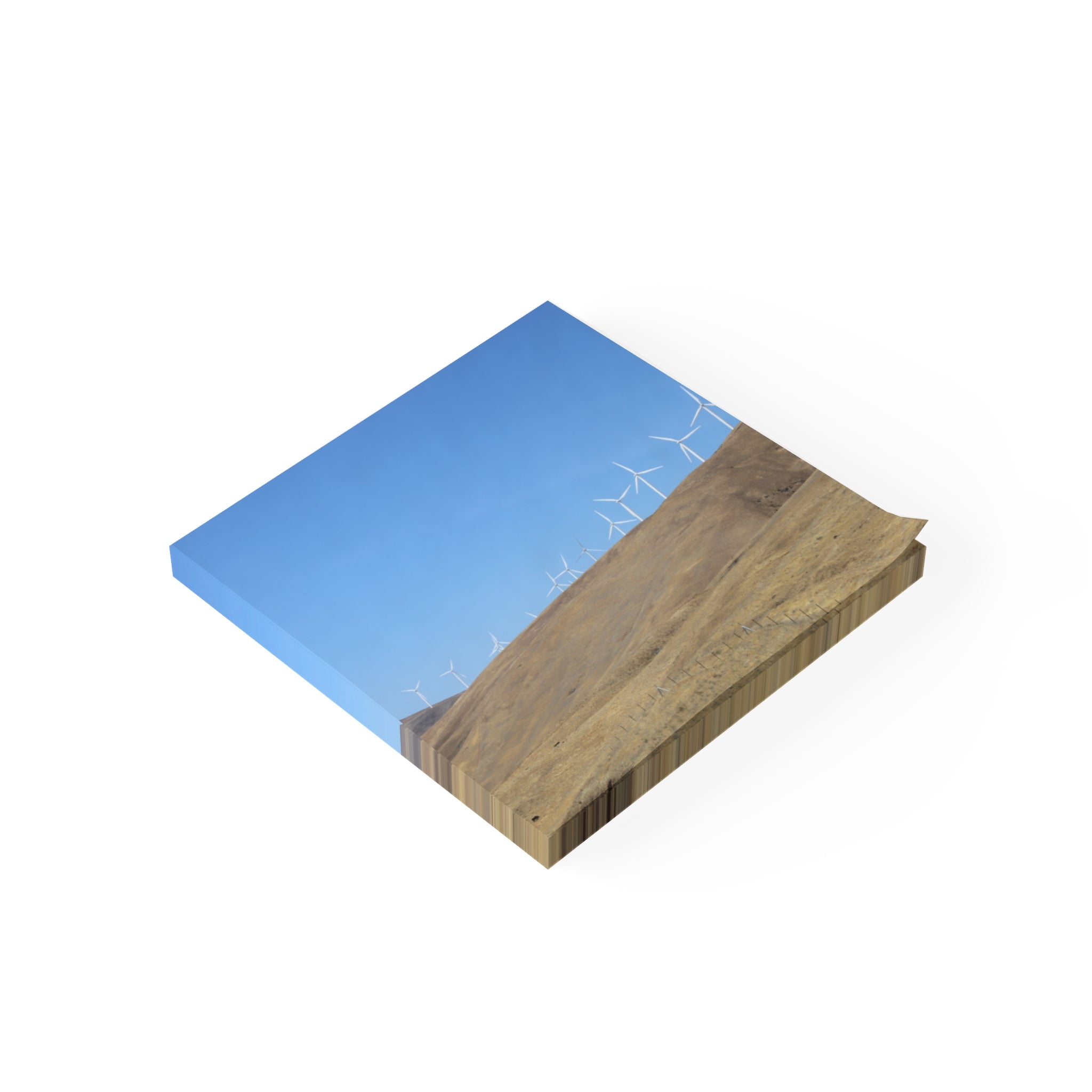 Isometric view of a wind farm on a hillside with blue sky.
