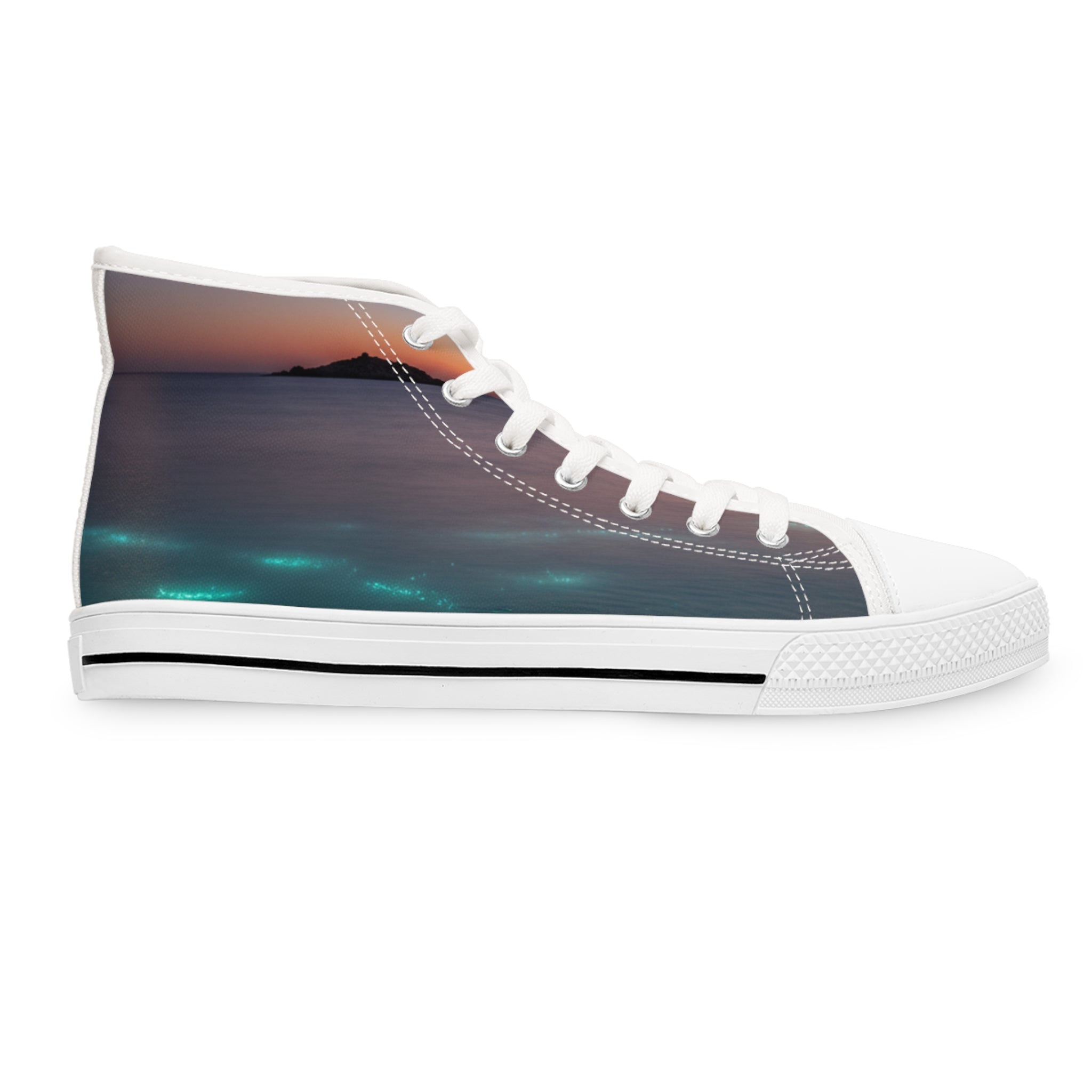 High-top sneaker with a sunset beach scene printed on the side.