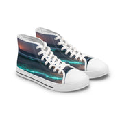High-top sneakers with a wave and sunset print.