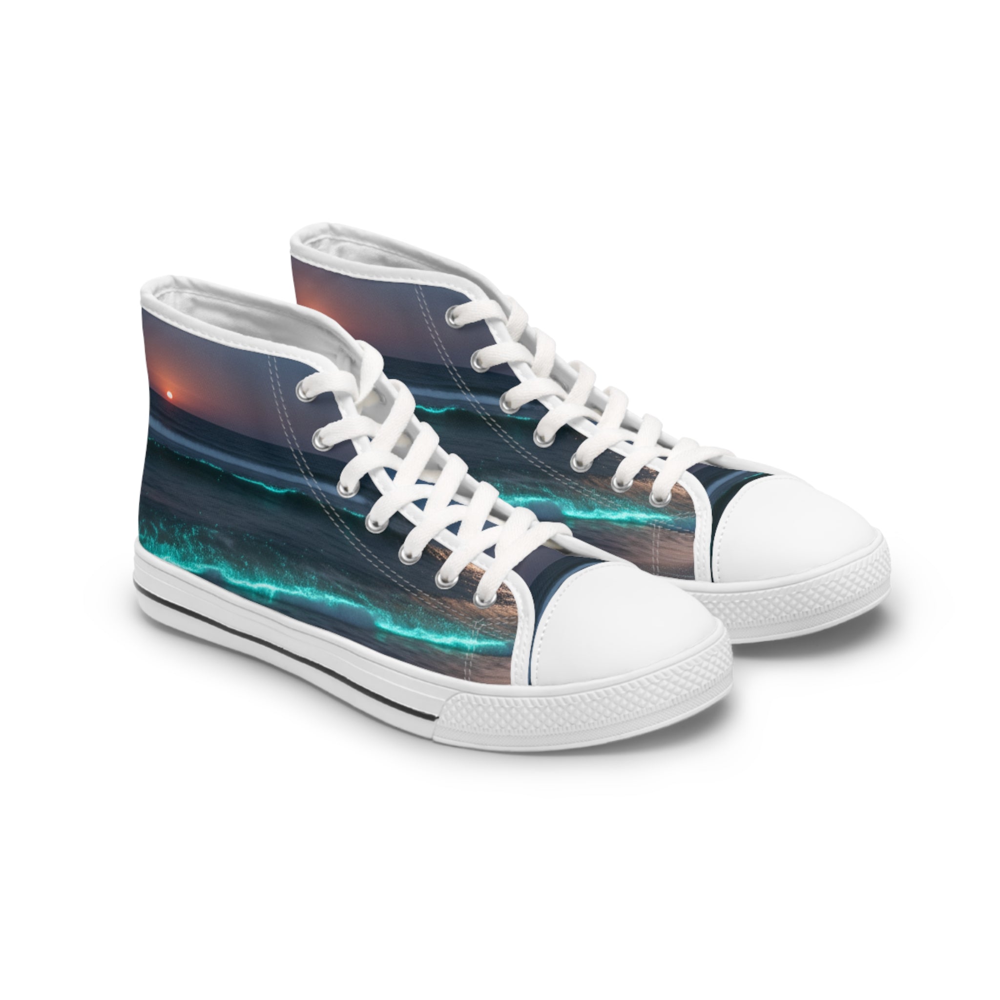High-top sneakers with a wave and sunset print.