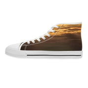 High-top canvas shoe with a sunset sky print on the side.