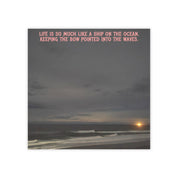 Ocean waves at sunset with inspirational text about life.