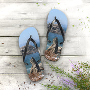 Flip-flops featuring a rocky ocean coastline scene, laid flat on wooden planks.