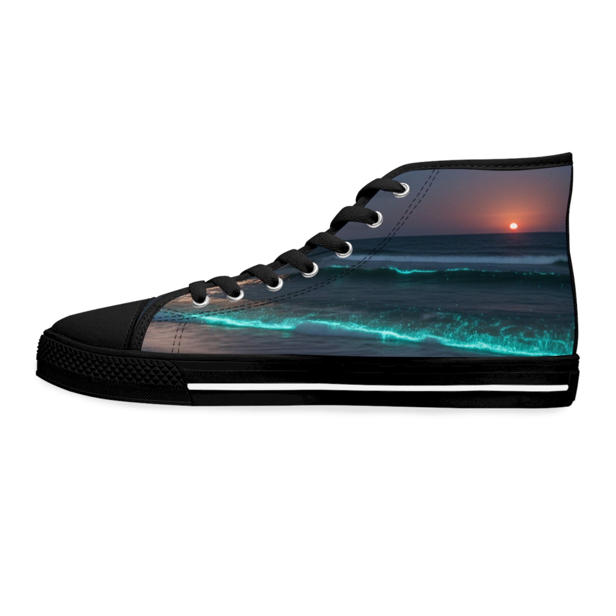 High-top sneaker with a sunset ocean wave design.