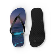 Flip-flops with a nighttime ocean wave print on the left, plain black sole on the right.