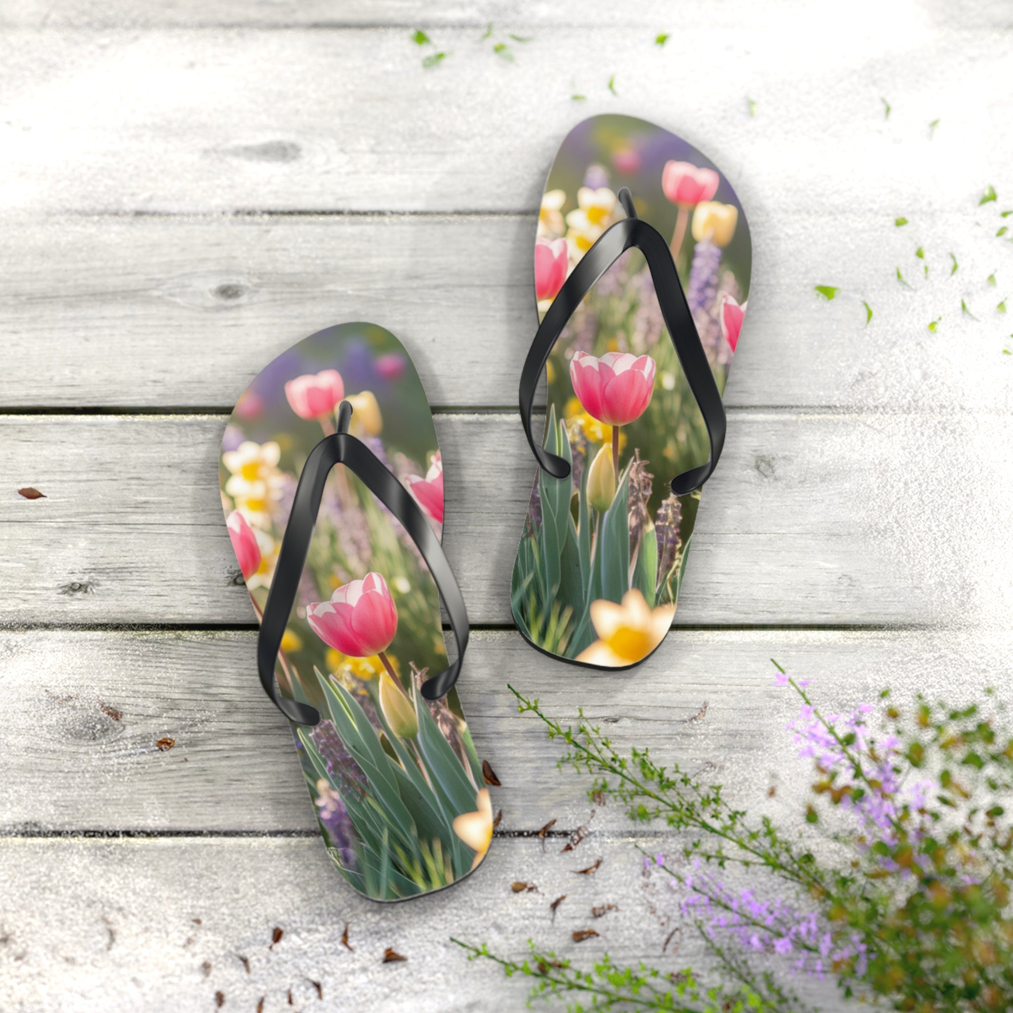 Flip-flops with pink tulips and purple flowers on a wooden surface.