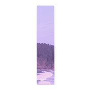 Purple and white scarf featuring a forest and ocean landscape.