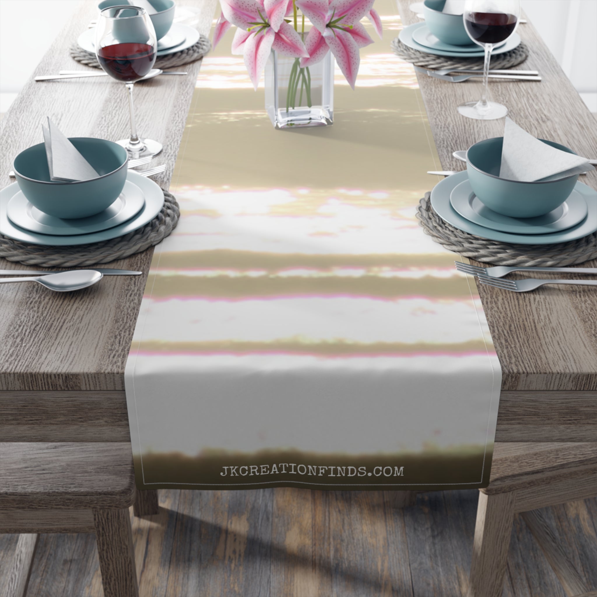 Table runner with sunset stripe design and "JKCREATIONFINDS.COM" text.