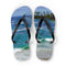 Flip-flops with a tropical beach scene and palm trees printed on the soles.