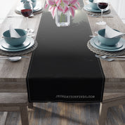 Black table runner with white border and "JKCREATIONSFIND.COM" text.