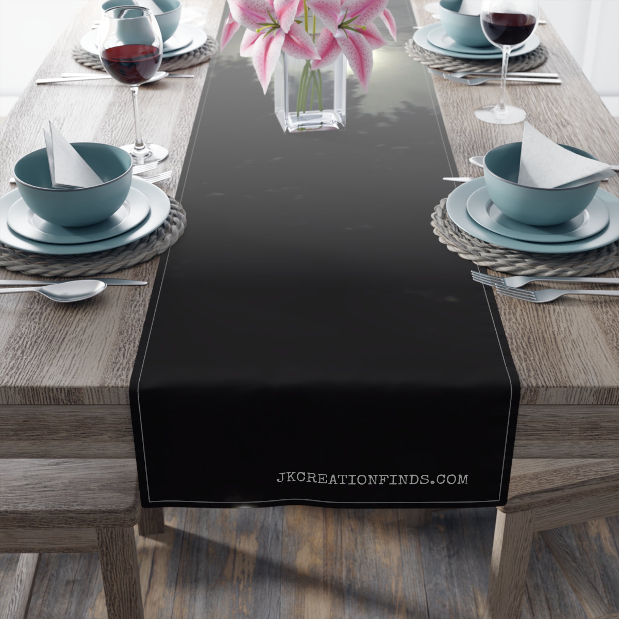 Black table runner with white border and "JKCREATIONSFIND.COM" text.