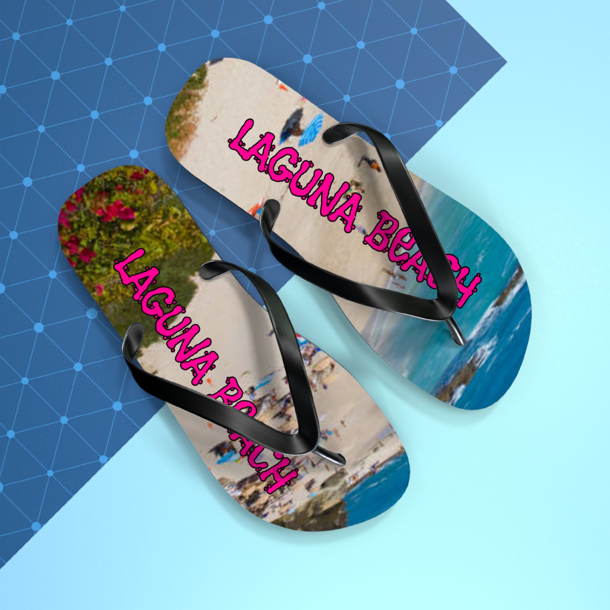 Black flip-flops with "Laguna Beach" text and oceanographic imagery.