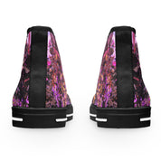 Black high-top sneakers with a vibrant floral pattern on white background.