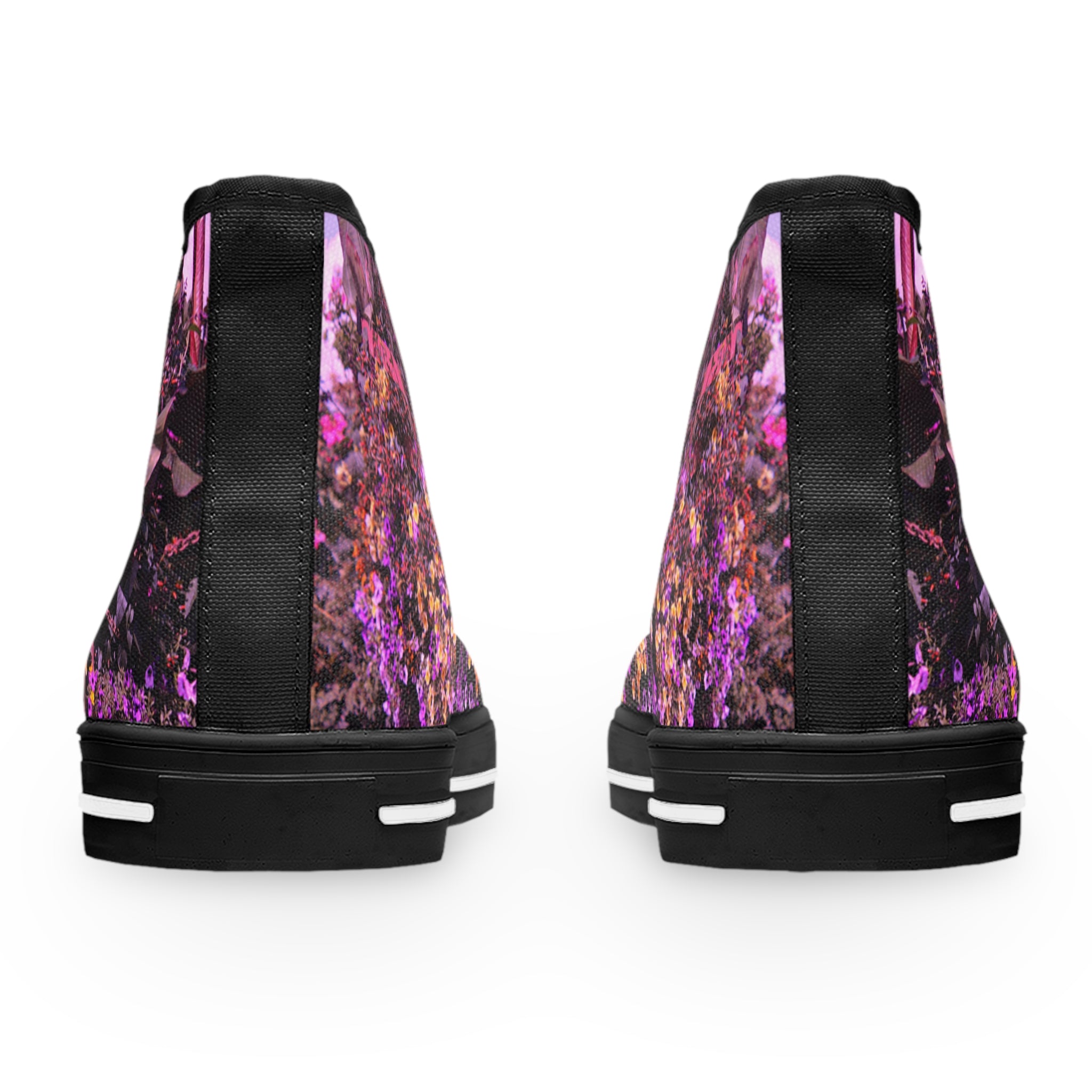 Black high-top sneakers with a vibrant floral pattern on white background.