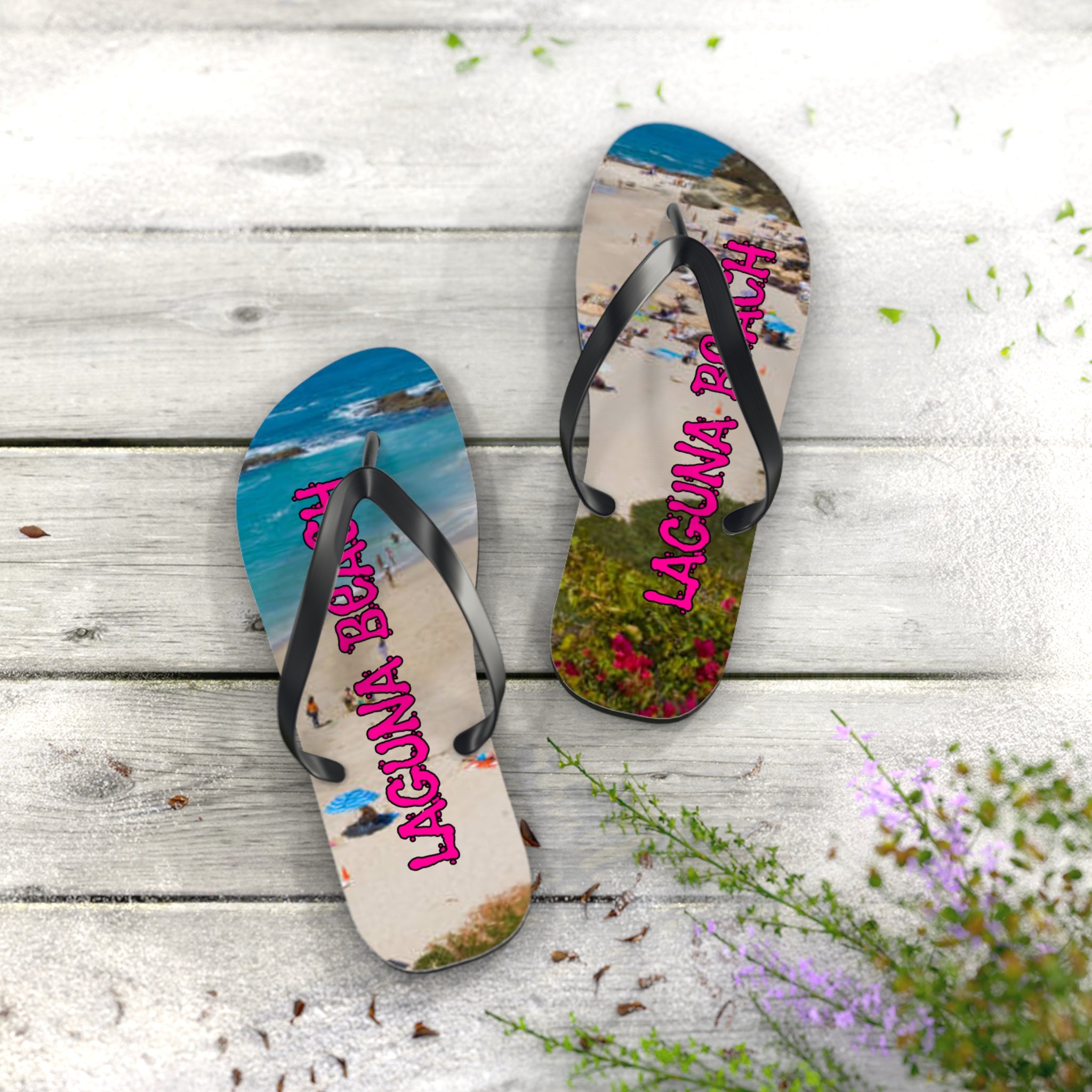 Flip flops with "Laguna Beach" text and a tropical beach scene.