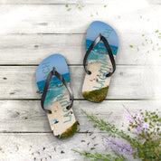 Laguna Beach flip-flops with ocean scene and text.