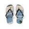Flip-flops with a beach and ocean scene printed on the soles.