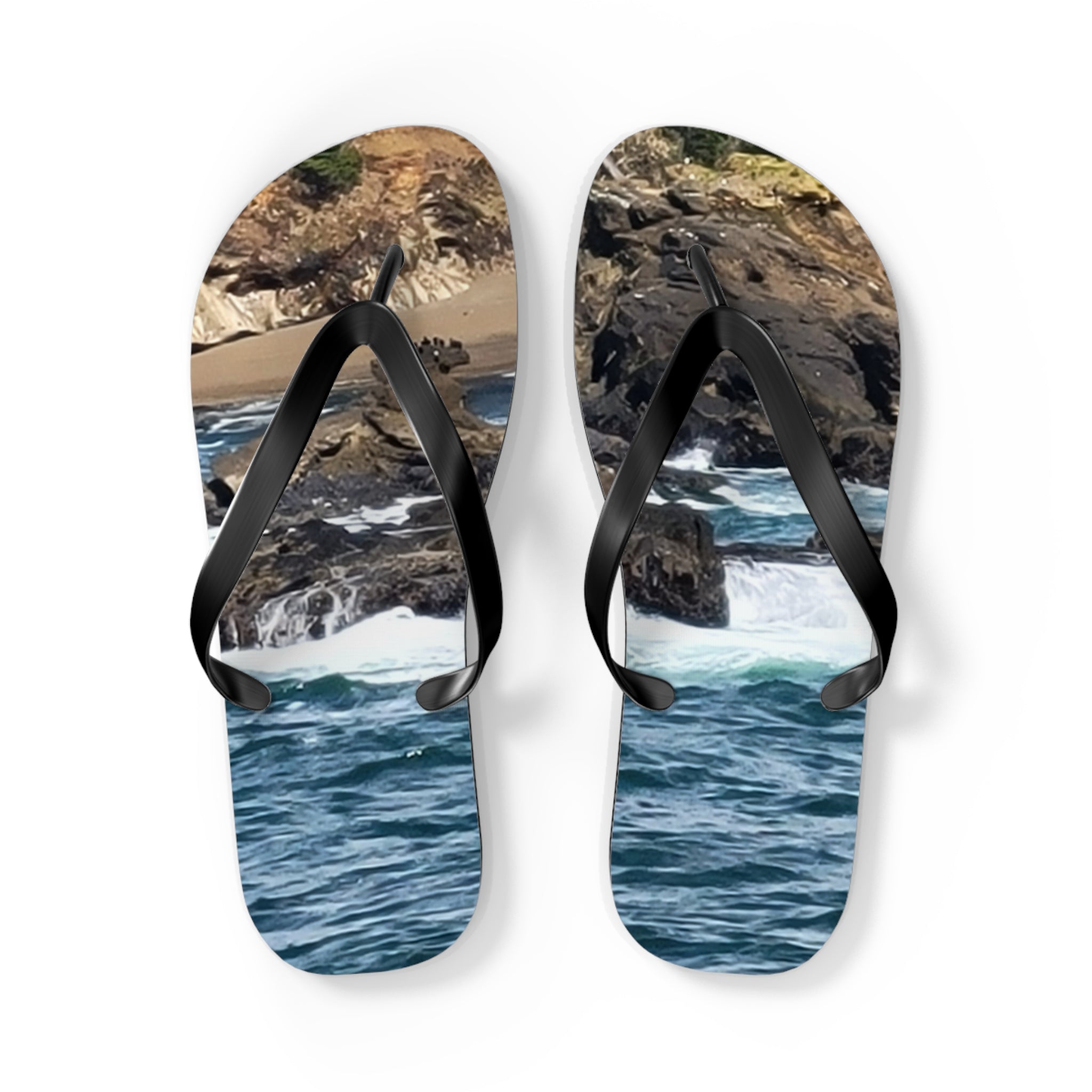 Flip-flops with a scenic ocean and rocky beach landscape design.