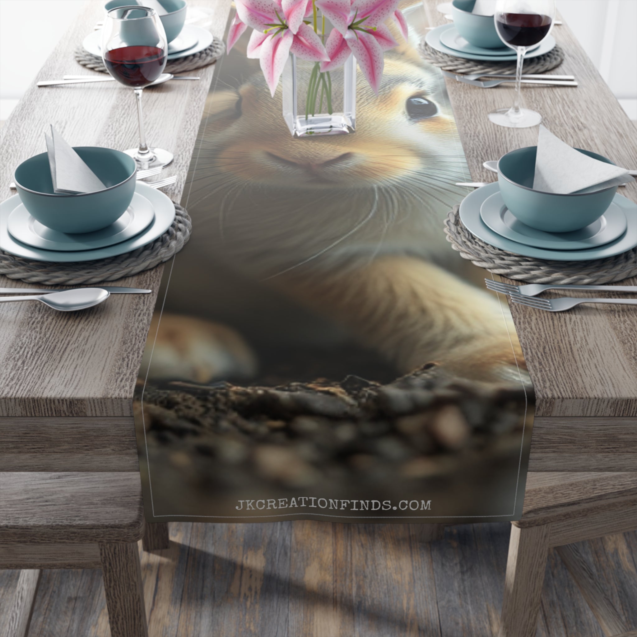 Cat's face close-up on a table runner with text JKCREATIONFINDS.COM.