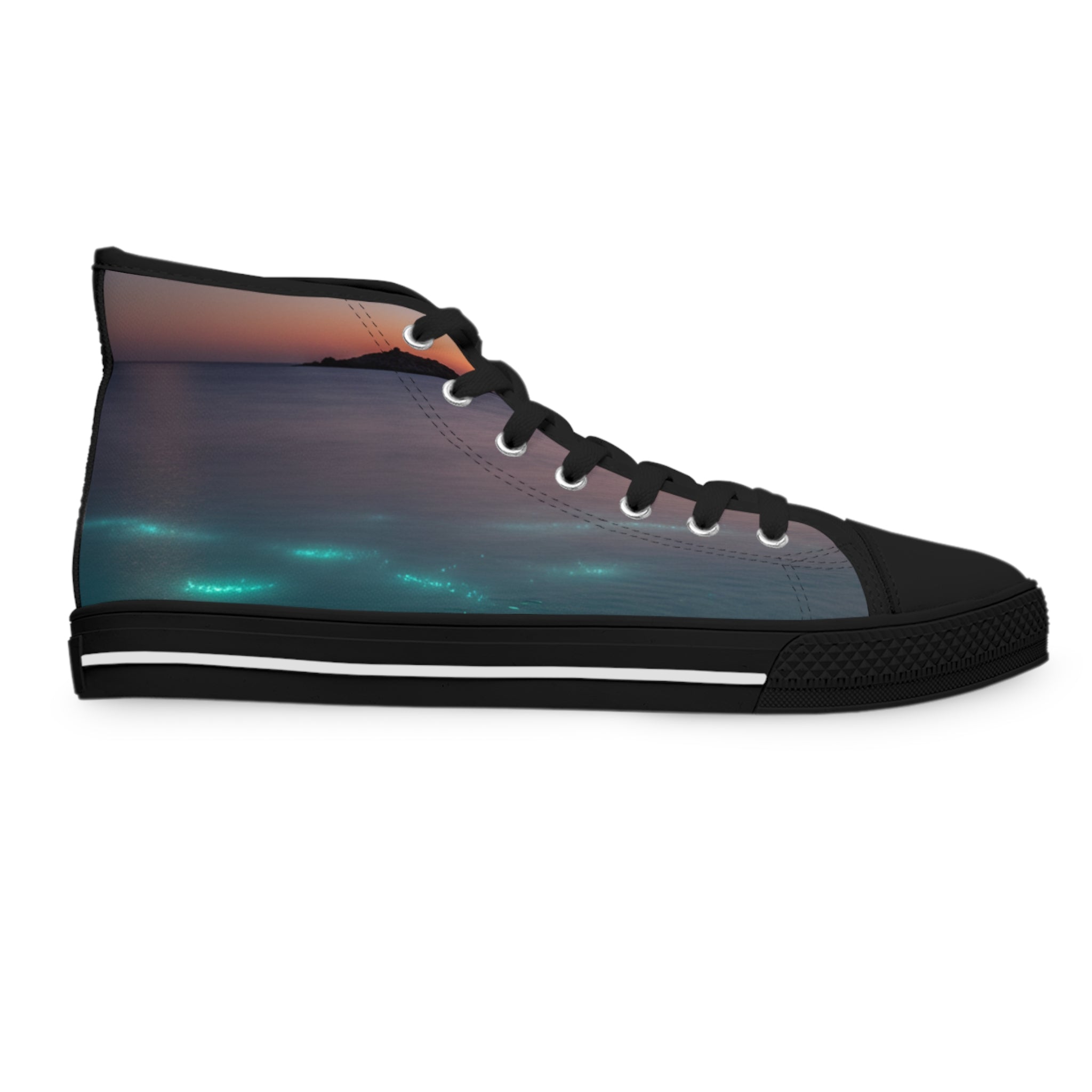 High-top sneaker with a glowing ocean sunset print.