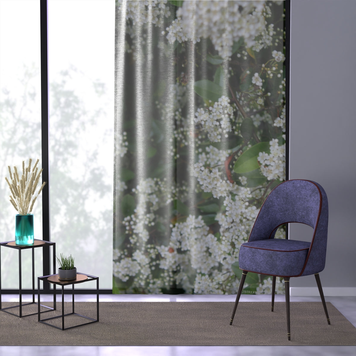 Floral Patterned Curtain with Sheer Details Drapery