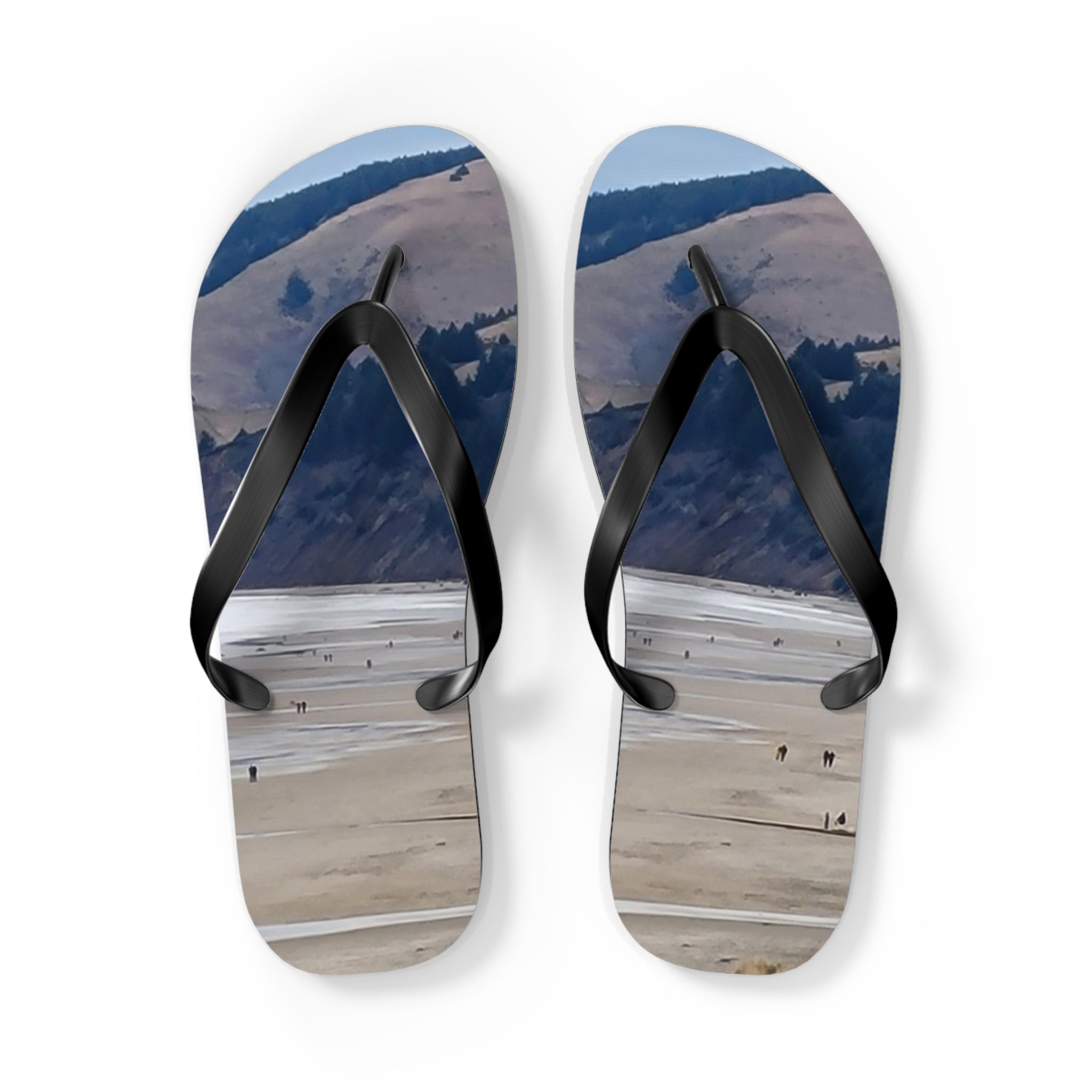 Flip-flops with a landscape scene featuring distant figures on a beach.