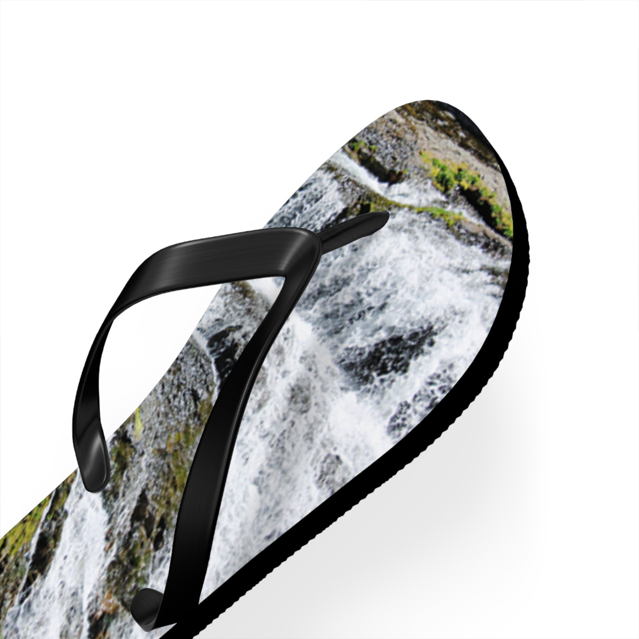Flip-flops with a waterfall pattern on the sole.