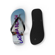 Flip-flops with "LAGUNA BEACH" text and black sole, displayed on white background.