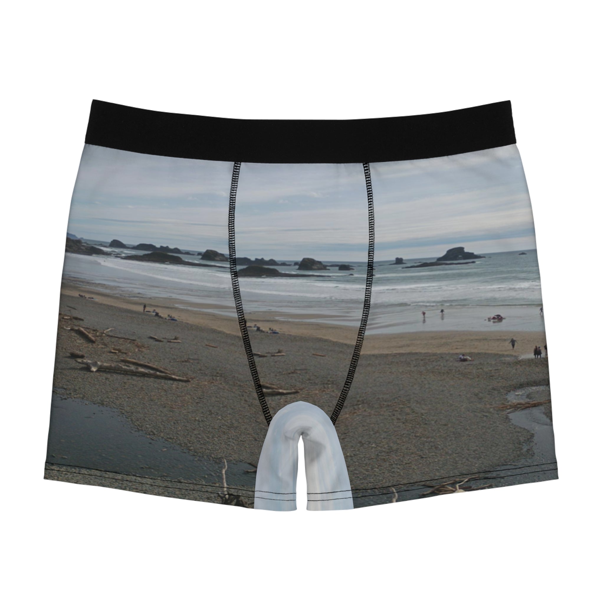 Men's boxer briefs with a beach and ocean landscape print.