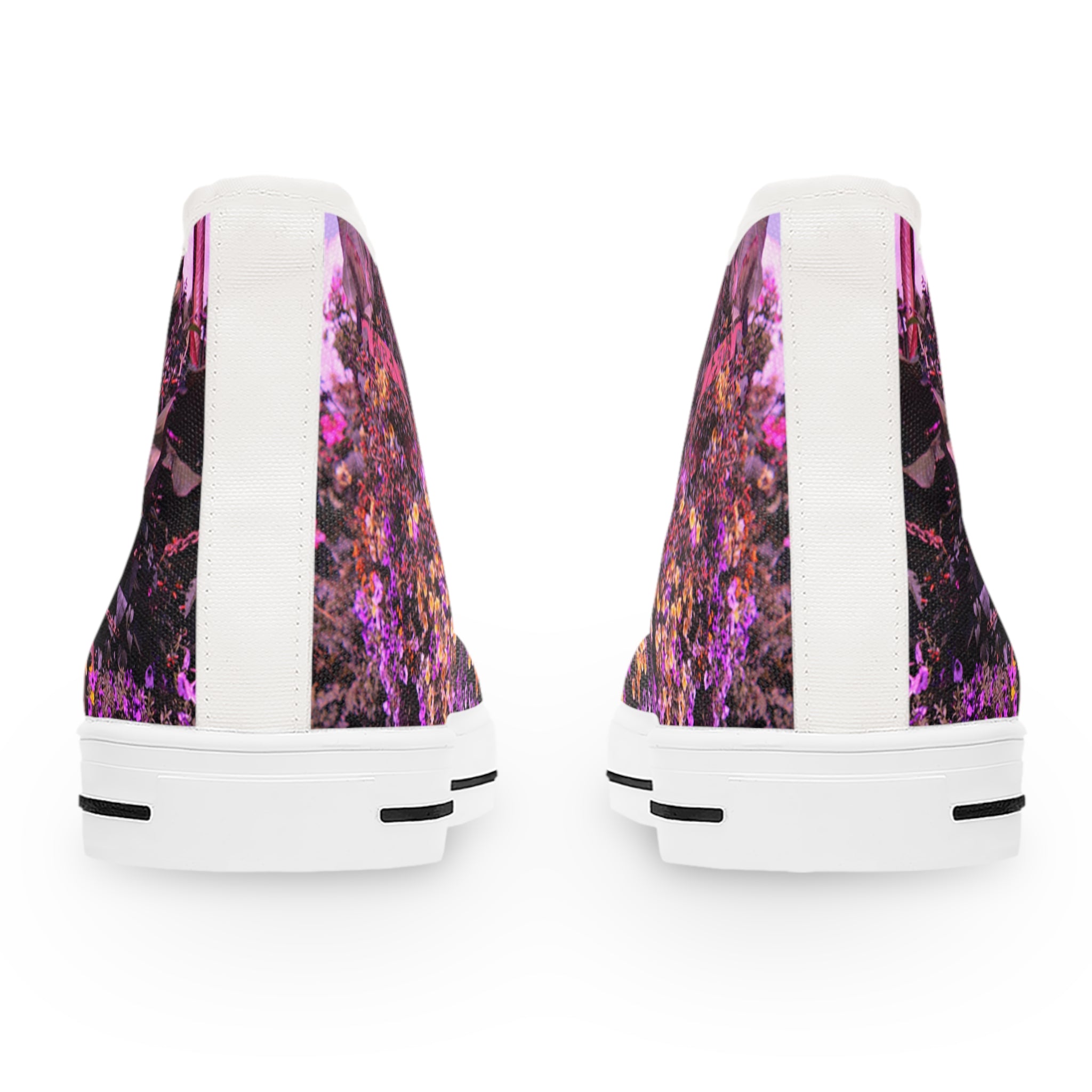 High-top canvas sneakers with a vibrant floral pattern.