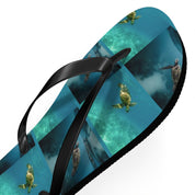 Flip-flops with a repeating pattern of sea turtles swimming underwater.