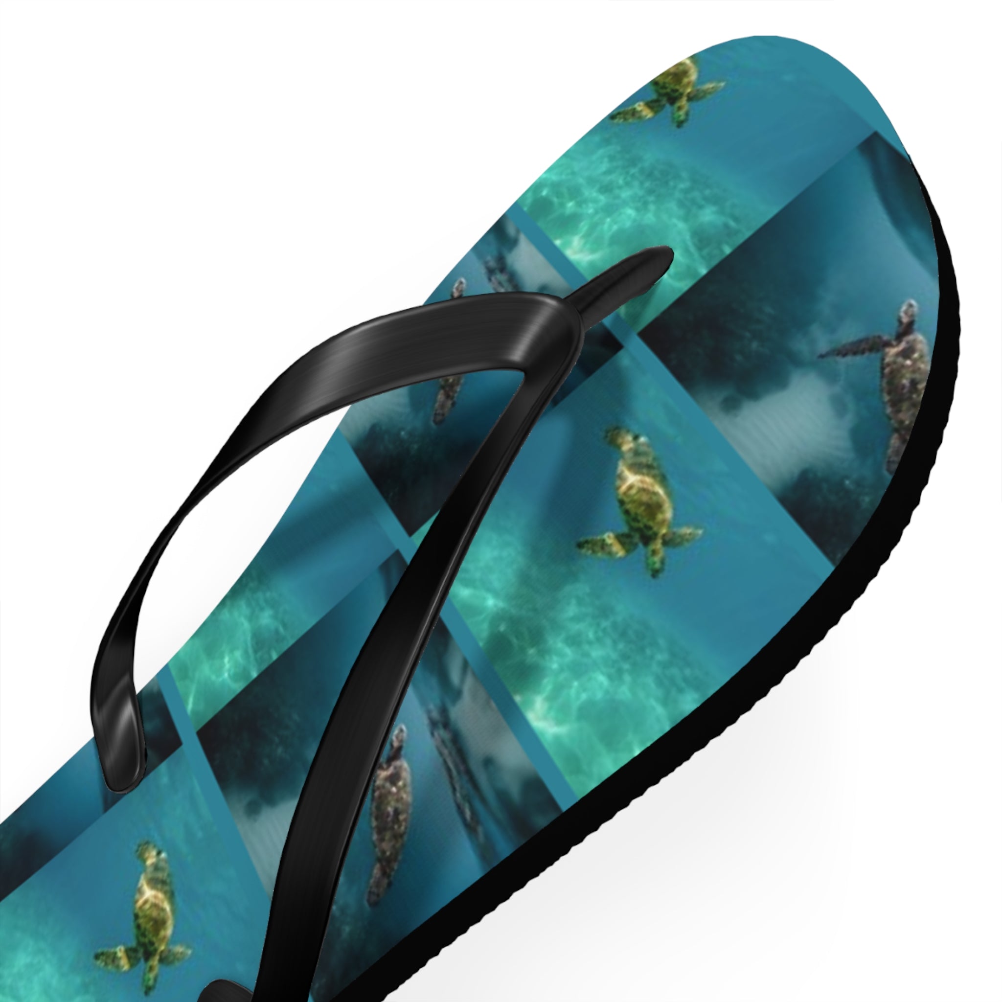 Flip-flops with a repeating pattern of sea turtles swimming underwater.