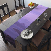 Purple abstract landscape table runner on dining table.