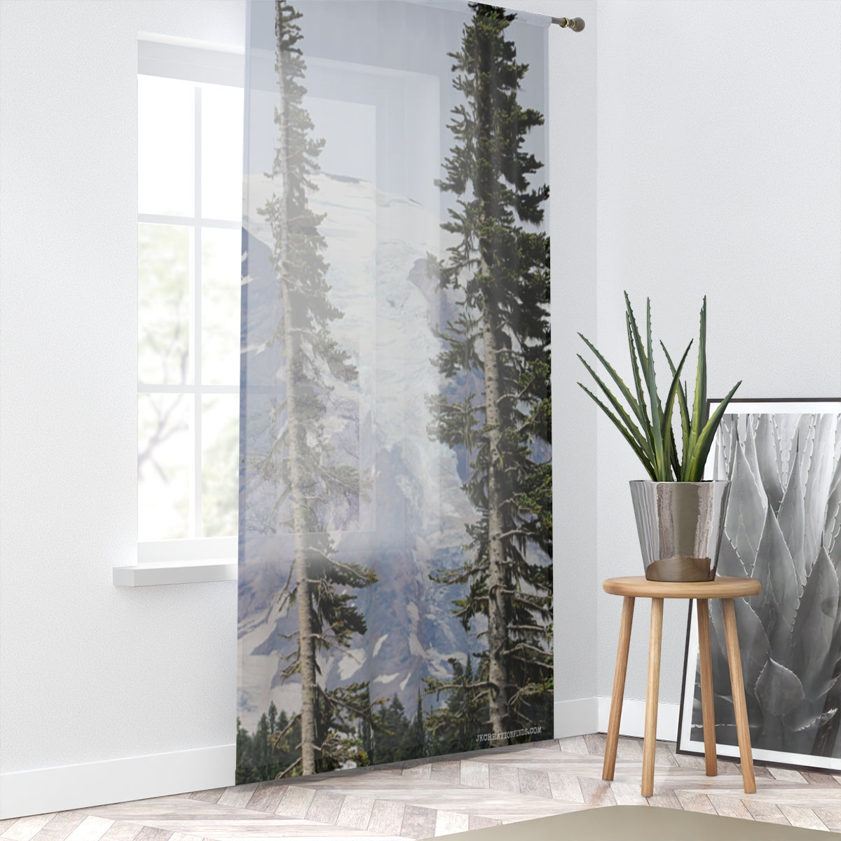 Mountain Window Curtains, Pine Tree Decor, Glacial Peak Art, Landscape Drapery, Scenic Nature Print, Rustic Cabin Home Decor, Mount Rainier