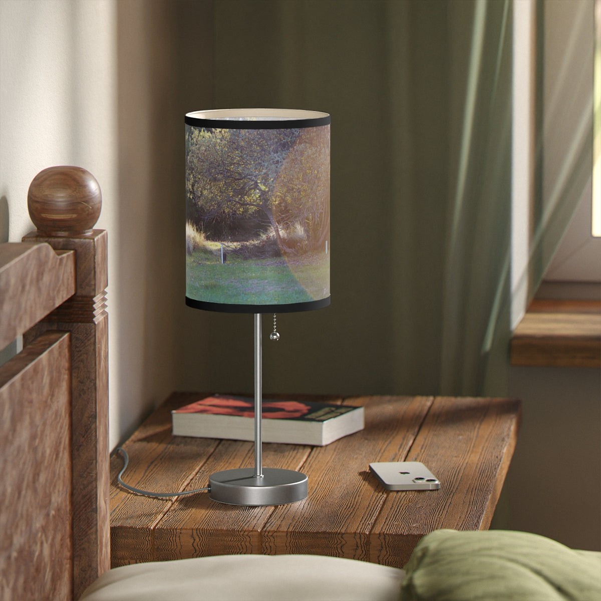 Elegant Bedside Lamp with Nature-Themed Cylinder Shade