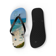 Laguna Beach flip-flops with a beach scene and the word "LAGUNA".