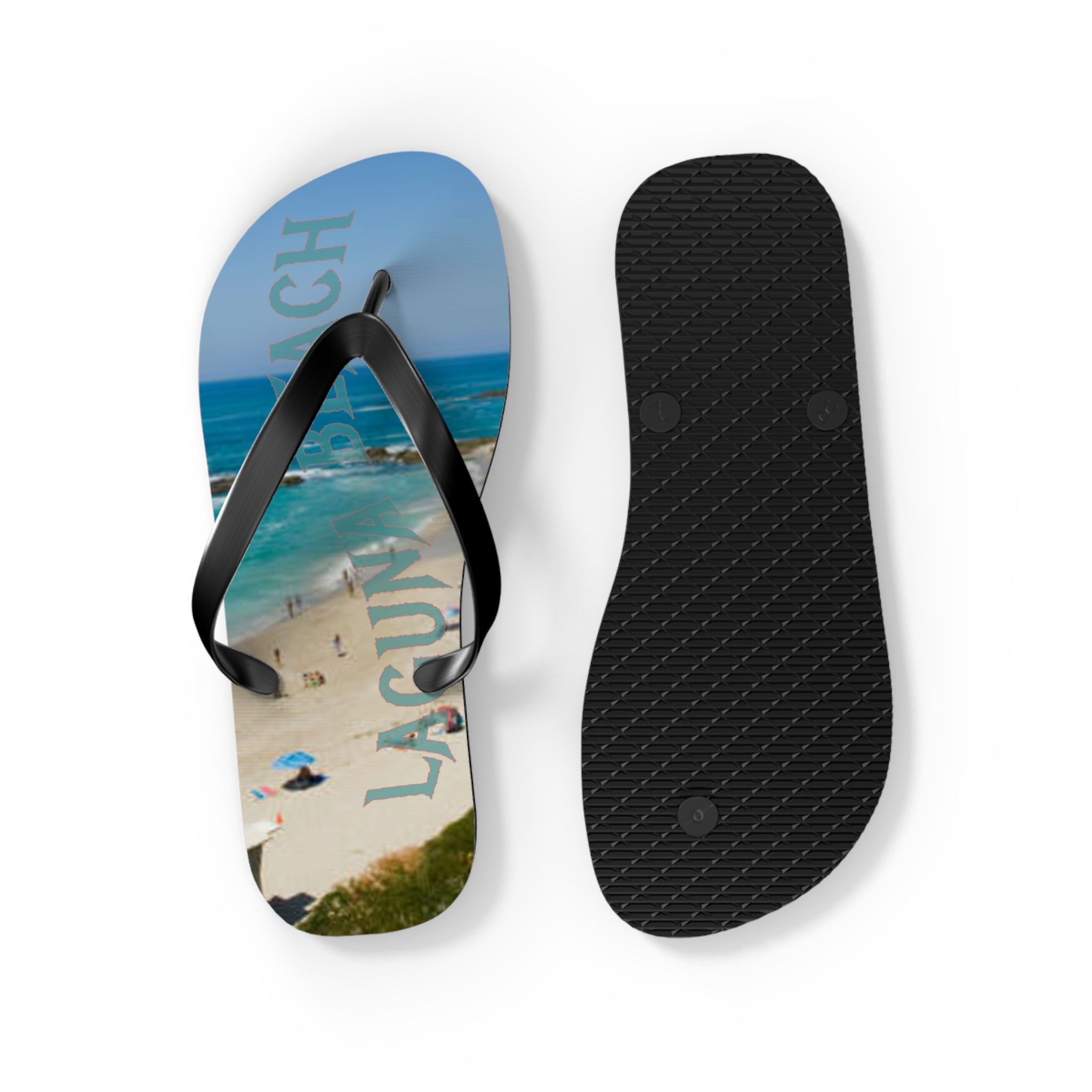 Laguna Beach flip-flops with a beach scene and the word "LAGUNA".