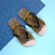 Flip-flops with a forest scene printed on the soles.